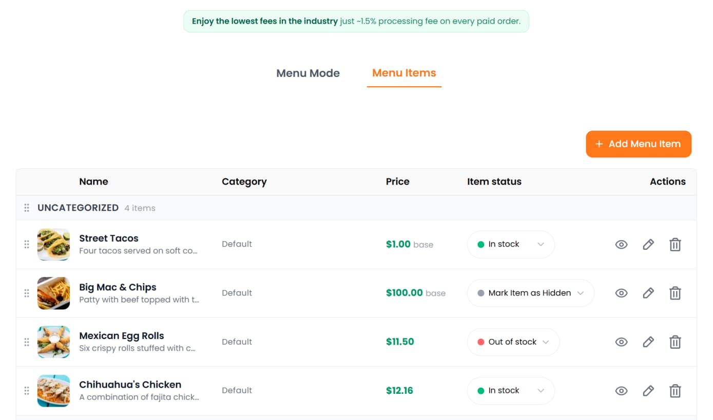 Menu management screenshot