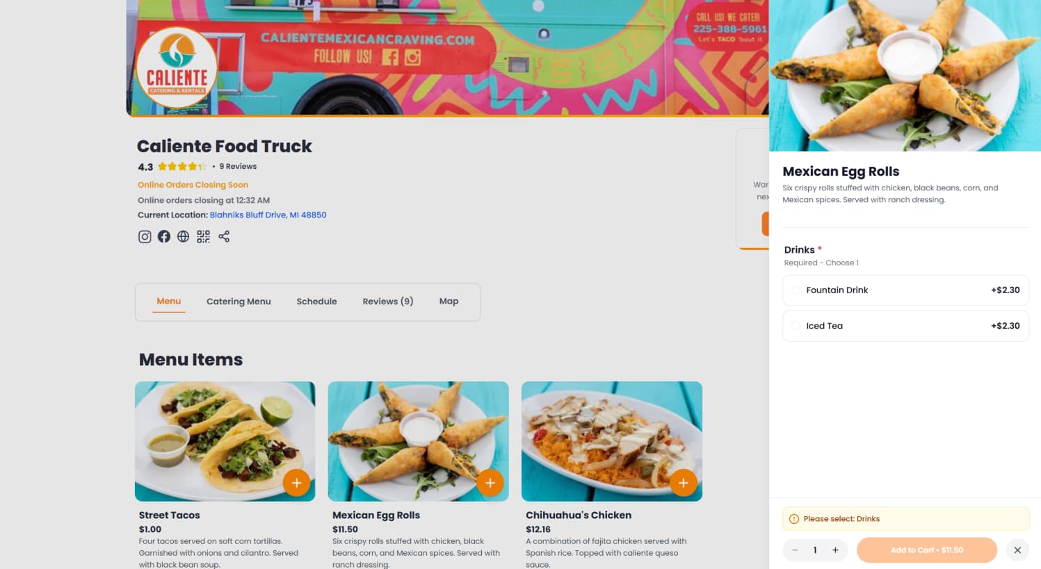 Online ordering screenshot